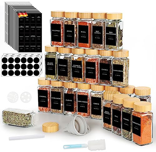 Lannvan Gewürzgläser Eckig Set [24 Stück] mit Bambus Deckel, 120ml Gewürzdosen mit 246 Etiketten, Gewürzstreuer Spice Jars Gewürzbehälter mit Trichter, Leeren Aufklebern, Reinigungsbürste, Sieben