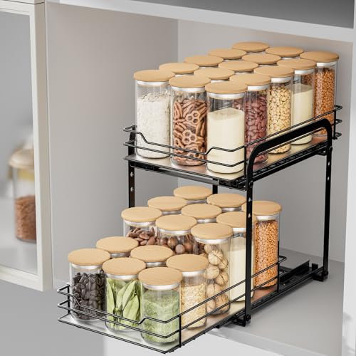 AIRUJIA Gewürzregal Ausziehbar, 2 Etagen Spülschrank Organizer, Gewürzregal Schrank, Spice Rack, Anhebbares Waschbecken Regal, Gewürz Organizerfür Für Küche, L26.4*B18.2*H23CM