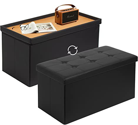 Todeco Förvaringslåda med 2-i-1 lock, hopfällbar förvaringsbänk i konstläder, ottoman med förvaringsutrymme, sittsäck, 80 l, inomhus, 80 l, svart