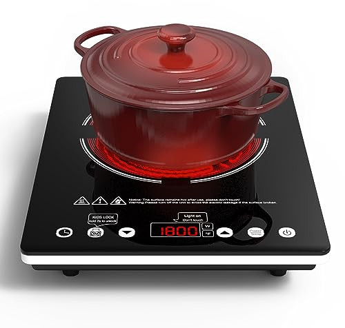 Electric Cooktop Single Burner Portable Stove 1800W 110v -120v Countertop Hot Plates Electric Plug in, Touch Control, Child Lock, 9 Power Levels Low Noise, 4 Hour-Timer Infrared Cooktop