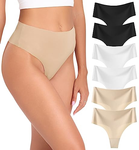 Wealurre String tanga dam sömlösa underkläder underkläder med hög midja damunderkläder sömlösa trosor dam multipack 6 st, Svart vit hud, M