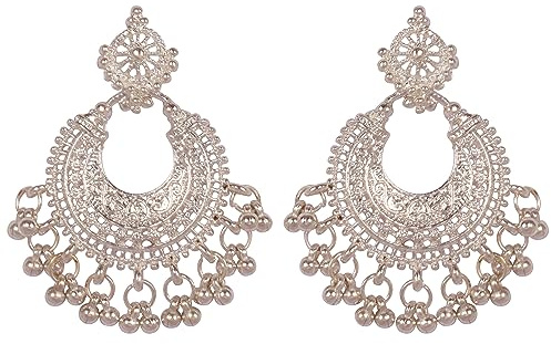 Touchstone Indian Bollywood Desire Tribal Boho Chic Moon Chandbaali Thema Metall Perlen Hangings Designer Schmuck Ohrringe In Silber Ton für Frauen.