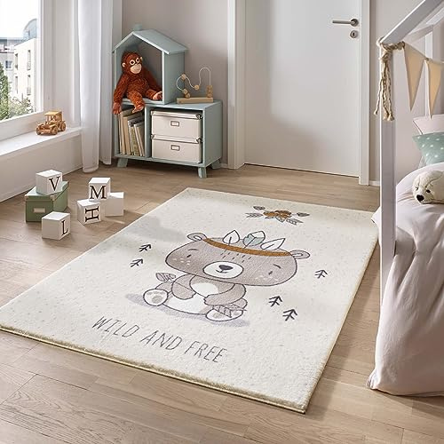 Taracarpet Teppich für das Kinderzimmer Kinderzimmerteppich und Jugendzimmerteppich Soft Kids kuschelig weich in verschiedenen Designs Wild and Free Bär 080x150 cm