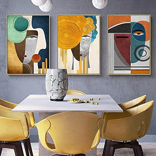 JACBON Peinture sur toile géométrique abstraite, figurine moderne, affiche d'art contemporain, visage imprimé, tableau d'art mural pour décoration de salon, 40x50cm x 3, sans cadre