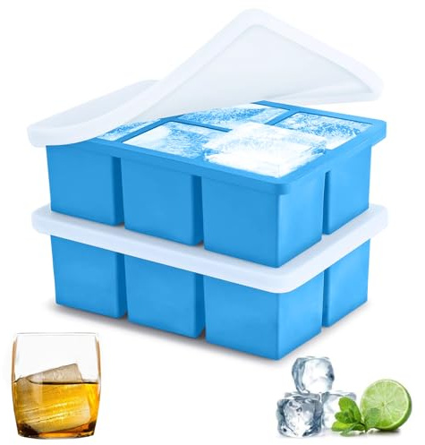 iNeibo® Big ice Cube Tray Baby Food Freezer Trays - Large ice Cube Trays Silicone - Make 6 Pieces 2 Inch Ice Cube Mold for Whiskey，Drinking,Make Fun for ice Cube Tray with lid (Blue-lid, 2pack)