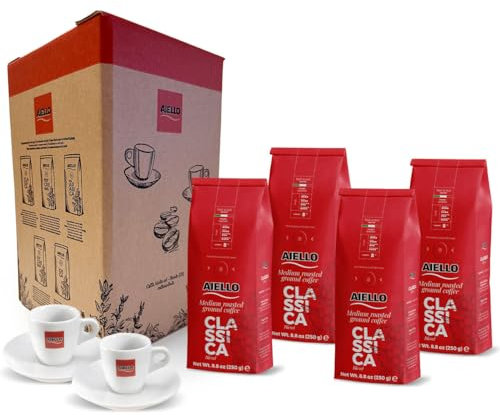 CAFFE' AIELLO SPECIAL BOX - 4X250 Gr Soft Pack CLASSICA - Tostatura Media - In Atmosfera Protettiva con Valvola Salva-Freschezza + Coppia di Tazzine con Piattini di Vera Porcellana Dura Italiana