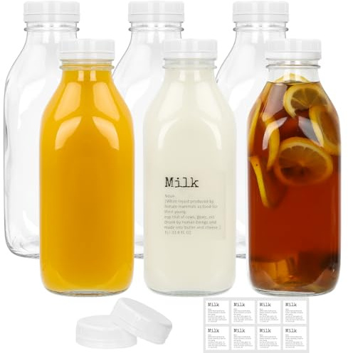 DHSBTLS 1000 ml 6 Stück klar Glasmilchflaschen mit Deckel | wiederverwendbarer Glasmilchbehälter für den Kühlschrank zur Aufbewahrung von frischer Milch, luftdichter robuster für Saft