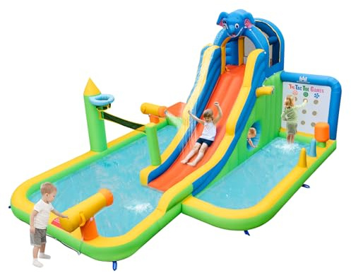 COSTWAY Castello Gonfiabile per Bambini, Casa Gonfiabile con Piscina, Parete da Arrampicata, Cannoni d'Acqua, per 3 Bambini di 3-10 Anni, 378 x 469 x 250 cm