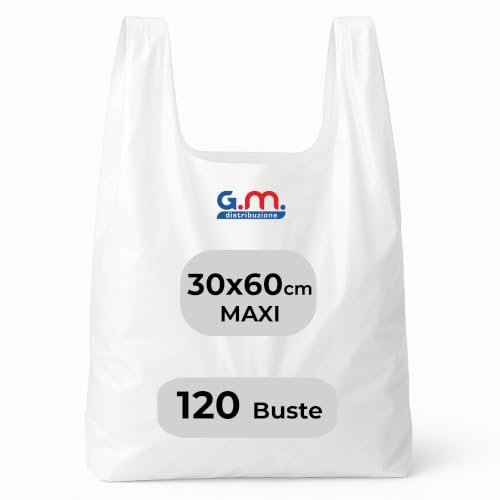 GM 120 Buste Spesa 30x60 cm Biodegradabili e Compostabili Bianche con Manico, Shopper Resistenti per Negozi, Mercati, Attività Commerciali e Consegne (Misura Maxi)