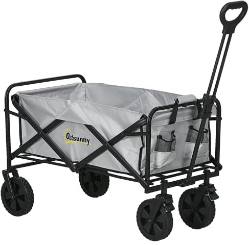 Outsunny 90L Festival Trolley on Wheels, Folding Camping Trolley Cart with Adjustable Handle, Portable for Outdoor, Garden, Shopping, Fishing, Dark Grey