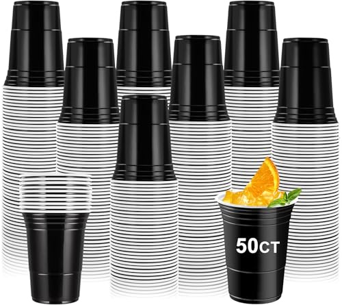 EOGRFW 50 Stück Schwarze Plastikbecher, Kunststoffbecher, 16 Oz | Festliche Partybecher, Hochstabil Und Robust, für Geburtstage, Hochzeiten, Halloween, Camping, Picknicks