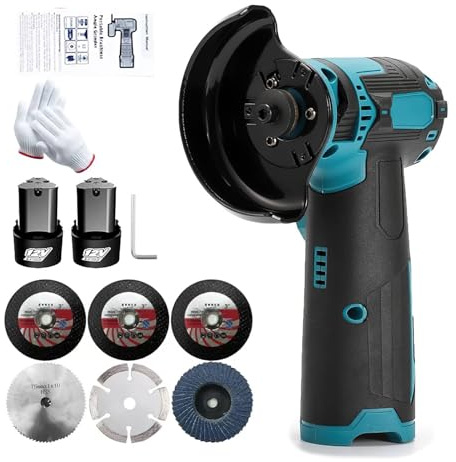 Mini Winkelschleifer,Professional Akku Winkelschleifer,Akku Winkelschleifer Set Mit 2 x 4500mAh Batterien, 19500rpm,Trennschleifer,Geeignet zum Schneiden und Polieren von Holz,Stahl (Blau, 9000mah)