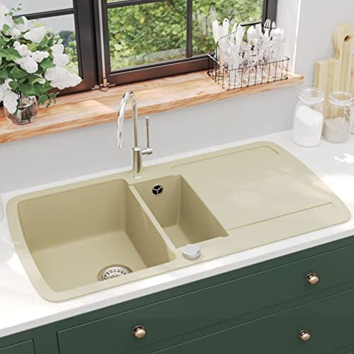 qohoio Évier de Cuisine Granit Double lavabo Beige Evier Multifonction,Lavabo Cuisine,Douchette Evier Cuisine