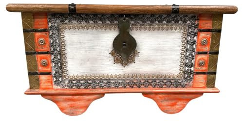 Oriental Galerie Shabby Chic Holztruhe mit Messingbeschlag Schatztruhe mit Rollen Truhe Kiste Box Holz Indien Massiv Antik-Optik Rot Braun 80 cm
