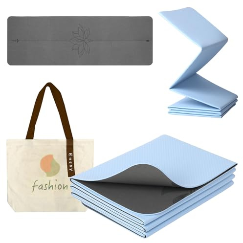 Enssy Tappetino da viaggio pieghevole in PU+TPE, antiscivolo, 173 x 61 x 0,4 cm, leggero, pieghevole, per yoga e pilates, con borsa per il trasporto
