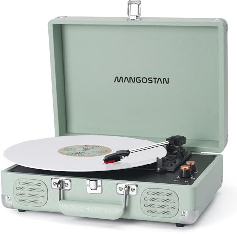 MANGOSTAN Record Player 3 Speed Bluetooth Portable Suitcase, Vinyl Phonograph with Built-in Bass & Speakers, Belt-Driven LP Player Support AUX-in RCA Line Out Headphone Jack, Green