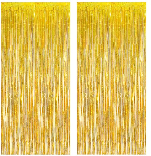 Torytoe Lametta Vorhang Gold Glitzer, 2 Stück Metallic Glitzervorhang Fringe 1 x 2m Glitzer Tinsel Curtain Lametta Vorhänge Folien Fransen Partydeko Hintergrund für Geburtstage Festivals Party Deko