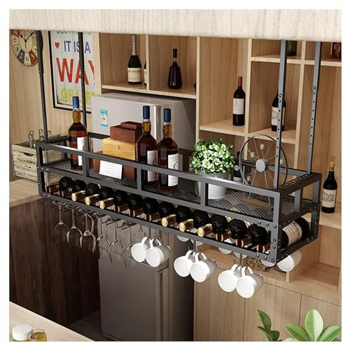 Weinregal Metall Flaschenregal Hängend Wine Rack Schmal Weinschrank Hausbar Barschrank mit Weinglashalter Getränke Regal Vitrine Deckenregal Hängend für Esszimmer Home Bar Wohnzimmer(Nero,100*30cm)