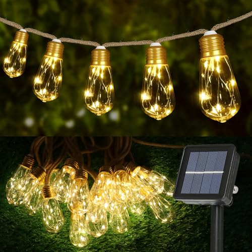 Qulist Solar String Lights, 24FT Vintage Rope Hemp Solar Outdoor String Lights with 20 Shatterproof Bulbs, Waterproof 8 Modes Solar Powered Patio Lights for Garden Fence Balcony Camping (Warm White)