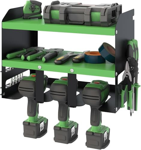Power Tool Storage, Wall Mount Drill Holder for 4 Power Drill Tools, Power Drill Tool Holder, Heavy Duty Tool Shelf, 3 Layers Tool Rack with Side Screwdriver Rack for Garage, Workshop (Green)