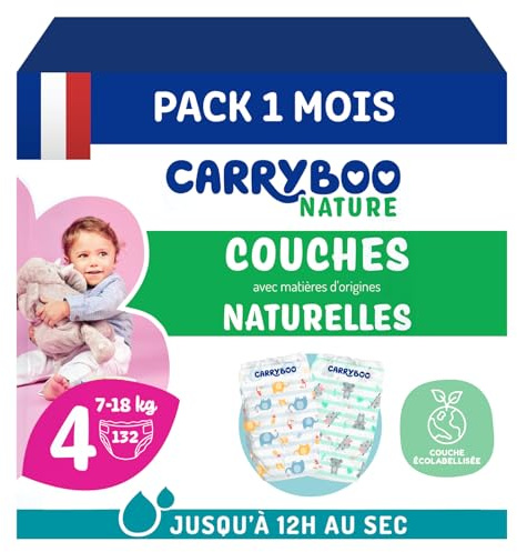 CARRYBOO - Couches Taille 4 (7-18kg) - Peaux sensibles - Naturelles et Ultra absorbantes - 12h Anti-fuites - Sans ingrédients indésirables - Fabriquées en France - 132 Couches - Pack 1 Mois