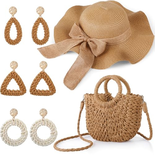 Pinkunn Juego de paja de verano para mujer, bolsos cruzados tejidos para hombro y playa Strawhat con aretes para vacaciones, Caqui