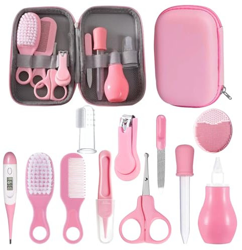 Mokaskaidj 12 Pezzi Set per la Cura Del Bambino, Taglia Unghie Neonati, Kit Neonato Igiene Nascita, Set Cura Neonato Set di Sicurezza, Set per la Cura Del Bambino da Viaggio e di Uso Quotidiano (Rosa)