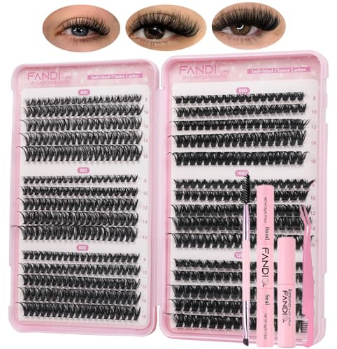 FANDIQ Cluster Lashes Kit with Lash Glue&Remover 40D+50D+60D+80D+100D+120D