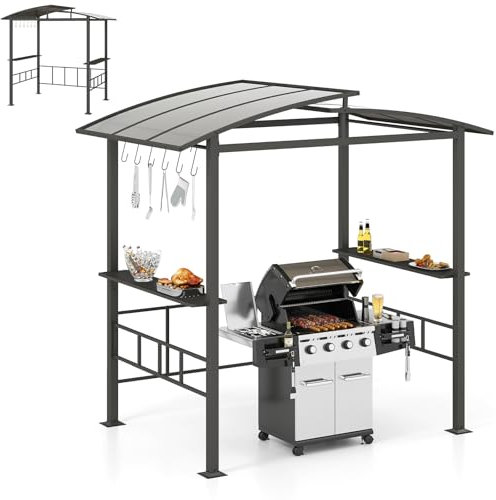 HOMASIS Gazebo per Barbecue in Metallo, Pergola Addossata con Doppio Tetto e 6 Ganci, Copertura per Griglia Resistente alle Intemperie per Giardino, Cortile, Terrazza, 248 x 150 x 232 cm, Nero