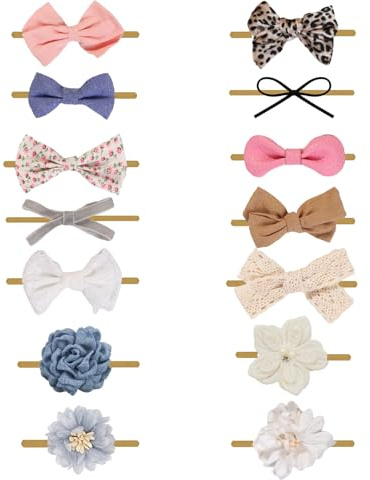 14 st baby flickor blomma och hår rosetter pannband mjuk nylon hårband elastiska hårtillbehör för nyfödda spädbarn småbarn och barn