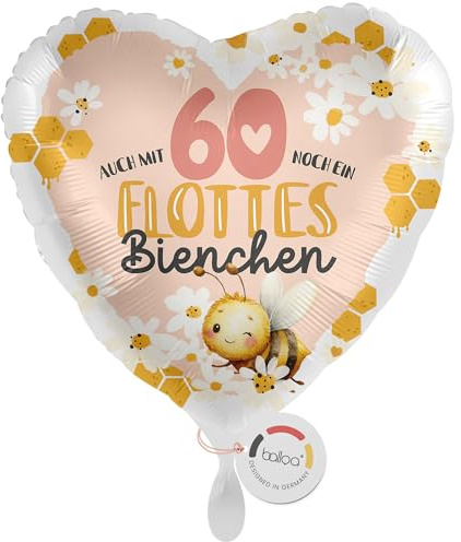 balloa Folienballon zum 60 Geburtstag Flottes Bienchen, Herzballon rosa mit Zahl 60, Helium geeignet Luftballon, Geburtstagsballon, Geschenk und Partydeko für Frauen und Erwachsene, 33cm