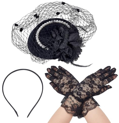WEBEEDY Ensemble Clip pour Chapeau de Thé et Gants Vintage Fascinator pour Femmes de la Tea Party Chapeau de Cocktail en Filet Noir avec Voile et Gants Courts en Dentelle pour Mariage Funérailles