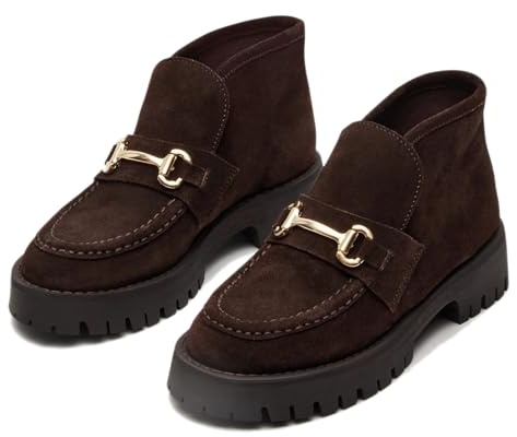 SOVANYOU Chunky Heel Platform Booties for Women Slip On Brown Suede Ankle Boots with Gold Buckle Round Toe Low Block Heel Casual Fall Booties