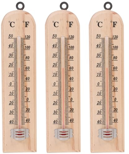 DIYEAH 3 pezzi Termometro Professionale in Legno Naturale per Interni ed Esterni Misuratore Analogico Senza Batteria con Gancio da Parete per Casa Serra e Nursery