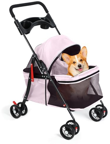 Carrito para Perros Pequeños, Cochecito Plegable 4 Ruedas con Portavasos Ventanas de Malla Transpirable, Capacidad hasta 10kg Ideal para Gatos y Perros Pequeños (rosa)