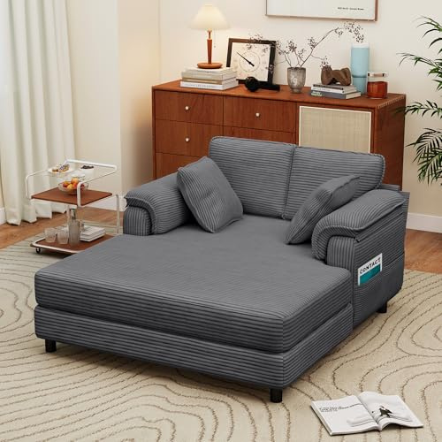 Winlice Schlafsofa 140x150 cm Breit, Cord Zweisitzer Chaiselongue Gästebett mit 4 Aufbewahrungstaschen & 2 Kissen, Waschbar & rutschfest, Holz-Eisen-Gestell,Dunkelgrau