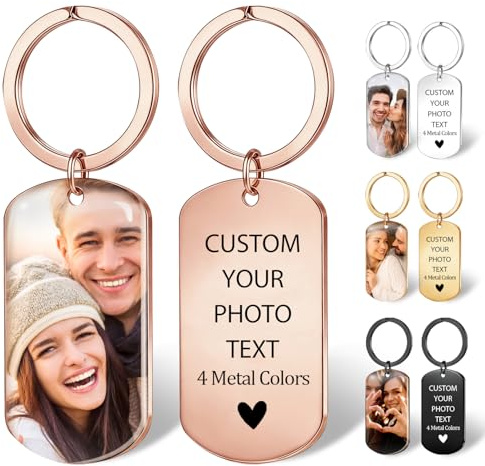 Porte clef personnalisable Double Face avec Photo et Texte Gravé, Porte clé personnalisé en Acier Inoxydable - Cadeau Unique pour Homme, Femme & Couple (Saint-Valentin/Anniversaire)