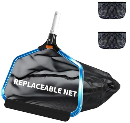 PoolyPoly Pool Kescher mit 2 Netzen, Professionellen Teichkescher aus Metall, Poolreinigung Bodenkescher für Teiche, Schwimmbad, Wasserpark, Brunnen, Fischtank, Blau (ohne Stange)