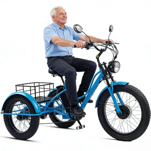 Wasd3Pods Fat-Tire-Dreirad Für Erwachsene Mit Korb – 20-Zoll-Elektro-Dreirad Mit Carbonstahlrahmen – 3-Rädriges Freizeitrad – Elektrisches Lastendreirad Für Senioren Blue-noseat
