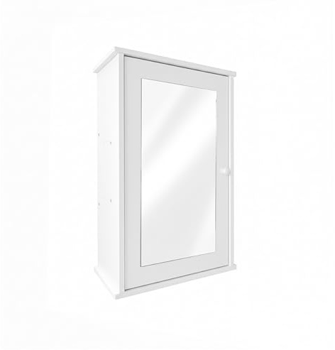 Baroni Home Pensile Bagno con Specchio Contenitore, Armadietto da Parete con Anta a Specchio, Mobile Bagno Salvaspazio in Plastic Wood, 34x15x53 cm Bianco