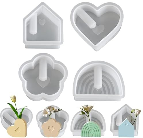 4 Stück Silikonformen Gießformen Kerzenhalter, Herz Gipsformen | Haus Regenbogen Gießform Kerzenhalter, Vases Silikon Gießformen für Vasen Gips Harz Wachs DIY Gießpulver Formen kreative Deko