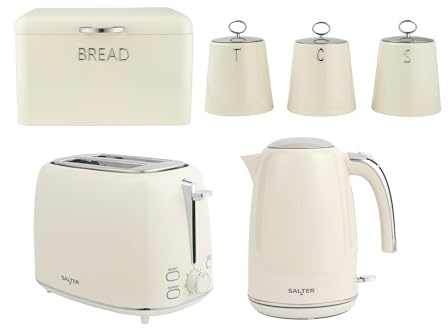 Salter Retro Cream Kitchen Set – 1.7L Kettle, 2-Slice Toaster, Bread Bin & Tea Coffee Sugar Canisters, Vintage Design, Rapid Boil, 6 Browning Levels, Durable Steel Storage, Kitchen Organisation | 1.7L capacity, 3kW rapid boil, 2-slot wide slots, 6 browning levels, steel storage, tea coffee sugar labels