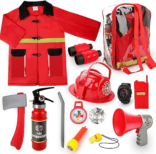 deAO Set di Vigile del Fuoco Gioco d'Imitazione per Bambini Include Giacca, 12 Accessori di Pompieri, Estintore con Funzione Acqua Reale e Zaino di Immagazzinaggio