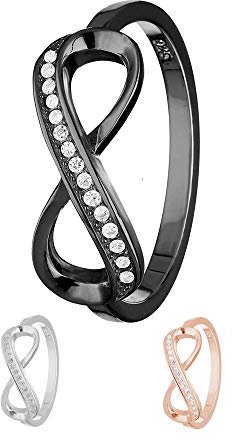 Treuheld® | Ring - Unendlichkeit/Infinity | 925 Sterling Silver | in Schwarz mit Zirkonia - Kristallen | Ringgröße 62 | Breite 2mm | Damen