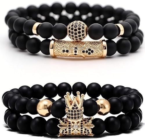 JEWPARK 4 Pcs Crown King Bracelets for Men Black Matte Onyx Cool Natural Stone Men Bracelets Set