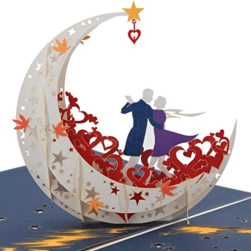 NLR 3D Pop-up Biglietto d'auguri # Gli amanti ballano sulla barca lunare | Ideale per anniversario, San Valentino, compleanno, cerimonia nuziale (bianco)