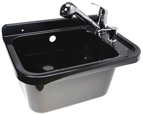 Ausgussbecken Haushaltswaschbecken Waschtrog mit Batterie Armatur Seifenspender Kunststoff Waschbecken Spülbecken mit hahnloch, Siphon, Spülbecken inkl. Zubehör, Waschtisch
