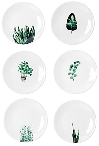 YCBH 6 Inch Set of 6 Assorted Designs, Small Porcelain Plates with Plants Pattern,White Ceramic Dinnerware for Appetizer Luncheon Snacks Dessert Serving Bread, Microwave Oven Dishwasher Safe