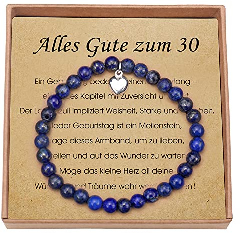 Giuesytic 30 Geburtstag Frauen Lapislazuli Armband mit Sterling Silber Herzanhänger Geschenke für 30. Geburtstag mit Karte und Geschenkbox