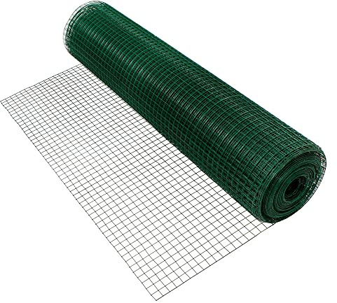 ECD Germany Malla de Alambre para Pajarera 25x25mm, 1m x 10m, 0,9mm de Espesor Valla de Acero Galvanizado Verde de Red Flexible Barrera Resistente a la Interperie Rejilla para Animales Domésticos